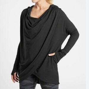 Athleta Womens Black Hooded Purana Wrap Pullover Draped Long Sleeve Top Size M